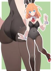 1girl alternate_costume ascot ass bare_shoulders black_leotard blue_eyes blush breasts brown_pantyhose cleavage closed_mouth commentary covered_navel crossed_bangs detached_collar high_heels highres hinoshita_kaho large_breasts leg_up leotard link!_like!_love_live! looking_at_viewer love_live! medium_hair mtu_virus multiple_views orange_hair outline pantyhose playboy_bunny red_ascot red_footwear shoes smile soyo1558686 split_mouth strapless strapless_leotard two_side_up virtual_youtuber white_outline white_wrist_cuffs wrist_cuffs