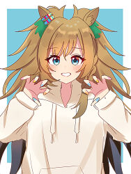 Rule 34 | 1girl, animal ears, blast onepiece (umamusume), blue background, blue eyes, border, brown hair, claw pose, commentary request, drawstring, ear ornament, grin, hair between eyes, hair ornament, highres, hood, hood down, hoodie, horse ears, horse girl, long hair, looking at viewer, messy hair, multicolored nails, nail polish, outside border, shiroiro obake, smile, solo, umamusume, very long hair, white border, white hoodie