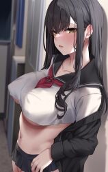 1girl absurdres black_hair black_jacket black_skirt blurry blurry_background blush breasts brown_eyes collarbone commentary_request from_side highres jack_dempa jacket large_breasts long_hair long_sleeves looking_at_viewer microskirt navel open_clothes open_jacket original parted_lips school_uniform serafuku shirt sidelocks skirt solo stomach white_shirt