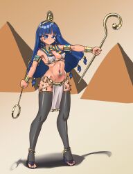 absurdres ancient_egyptian ancient_egyptian_clothes armlet black_thighhighs blue_eyes blue_hair blunt_bangs bracelet breasts closed_mouth earrings egypt facial_mark gold gold_headdress groin happy high_heels highres holding holding_scepter hoop_earrings jewelry key_earrings long_hair michigami_nareko navel_piercing piercing ptt_fries pyramid_(structure) sandals scepter small_breasts smile strappy_heels thighhighs toeless_legwear touhou triangle triangle_facial_mark usekh_collar very_long_hair