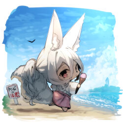 1girl absurdly_long_hair absurdres animal animal_ear_fluff animal_ears bird blue_sky chibi closed_mouth cloud commentary_request day food fox_ears fox_girl fox_tail full_body hair_between_eyes highres holding holding_food ice_cream ice_cream_cone long_hair long_sleeves original outdoors pink_skirt pleated_skirt ponytail red_eyes shirt sign skirt sky solo standing standing_on_one_leg tail translation_request very_long_hair water white_hair white_shirt wide_sleeves yuuji_(yukimimi)