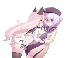 2girls absurdres animal_ears ass blush dress exhex_(hexieshizhe) frills hat highres hug multiple_girls pink_hair purple_eyes purple_hair shimakaze_(warship_girls_r) warship_girls_r white_background white_hair yellow_eyes yukikaze_(warship_girls_r) yuri