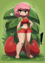 ! 1girl barefoot blush breasts cape chigo_(tony_welt) cleavage collarbone food freckles fruit green_background green_cape green_eyes grin hand_on_own_hip heart large_breasts leaf looking_at_viewer midriff navel original oversized_food oversized_object personification pink_hair red_shirt red_shorts shirt short_hair shorts smile solo sparkle speech_bubble spoken_heart strawberry tank_top teeth thick_thighs thighs tony_welt wide_hips