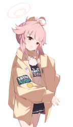 1girl \||/ absurdres black_skirt blue_archive closed_mouth commentary_request cowboy_shot halo head_tilt highres jacket keji133 long_hair long_sleeves looking_at_viewer natsu_(band)_(blue_archive) natsu_(blue_archive) official_alternate_costume open_clothes open_jacket pink_hair pink_halo pleated_skirt ponytail red_eyes shirt simple_background skirt sleeves_past_wrists smile solo white_background white_shirt yellow_jacket