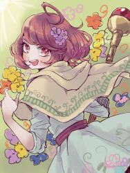 1girl :d ahoge blue_dress capelet commentary_request cowboy_shot dragon_quest dragon_quest_x dress floating_clothes floating_hair floral_print flower gem green_background green_trim hair_flower hair_ornament holding holding_staff looking_at_viewer looking_back mage_staff merami open_mouth orange_flower porte_(dq10) purple_flower red_eyes red_gemstone red_hair red_sash sash short_hair smile solo staff twitter_username yellow_capelet yellow_flower