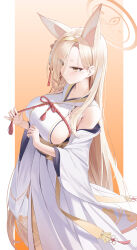 1girl absurdres animal_ears bare_shoulders blue_archive blush border breasts closed_mouth detached_sleeves extra_ears fox_ears fox_girl hair_ornament hairband halo hei_wuchang highres kaho_(blue_archive) large_breasts long_hair outside_border pillarboxed rope sash shimenawa sideboob sideless_kimono solo very_long_hair white_border white_sleeves wide_sleeves yellow_background yellow_eyes yellow_hairband yellow_halo yellow_sash