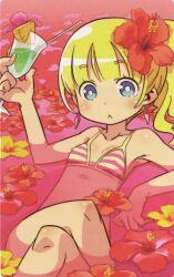 1girl :&lt; armpits bathing bikini blonde_hair blush covered_erect_nipples drink drinking_straw earrings etrian_odyssey flat_chest flower hair_flower hair_ornament himukai_yuuji jewelry knees loli looking_at_viewer merchandise_available official_art partially_submerged pink_water scan sekaiju_no_meikyuu sekaiju_no_meikyuu_3 solo sovereign_(sekaiju) sovereign_2_(sekaiju) striped_bikini striped_clothes swimsuit water