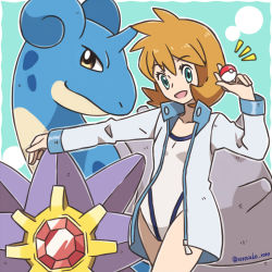 1girl aqua_eyes arm_up artist_name bad_id bad_pixiv_id blue_background blue_jacket border breasts brown_eyes closed_mouth collarbone cowboy_shot crystal female_focus gem gen_1_pokemon hand_up happy highres holding holding_poke_ball jacket lapras long_sleeves looking_at_viewer misty_(pokemon) nintendo notice_lines one-piece_swimsuit open_clothes open_jacket open_mouth orange_hair outline outside_border outstretched_arm poke_ball poke_ball_(basic) pokemon pokemon_(creature) pokemon_hgss red_gemstone rorosuke short_hair simple_background small_breasts smile standing starmie swimsuit swimsuit_under_clothes twitter_username white_border white_one-piece_swimsuit white_outline zipper_pull_tab