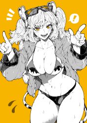 ! 1girl \n/ absurdres alternate_costume backpack bag bikini bikini_under_clothes blush breasts burnice_white cleavage commentary cowboy_shot eyewear_on_head finger_gun flame_print greyscale_with_colored_background hair_ornament highres jacket large_breasts looking_at_viewer medium_hair navel notice_lines open_clothes open_jacket open_mouth orange_background orange_eyes simple_background smile solo spoken_exclamation_mark spot_color standing swimsuit twintails wet yotsumi_shiro zenless_zone_zero