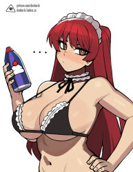 Rule 34 | ..., 1girl, artist logo, bare shoulders, bikini, black bikini, black ribbon, breasts, brown eyes, can, closed mouth, commentary, donburi (donburikazoku), fanbox username, frilled bikini, frills, hand on own hip, highres, holding, holding can, kousaka tamaki, large breasts, logo, long hair, looking at viewer, maid headdress, navel, neck ribbon, patreon username, red hair, ribbon, simple background, solo, straight hair, strap gap, string bikini, swimsuit, to heart (series), to heart 2, underboob, upper body, v-shaped eyebrows, watermark, web address, white background