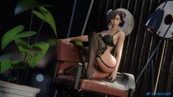 1girl 3d black_bra black_hair black_panties bra breasts collarbone double_bun final_fantasy final_fantasy_vii final_fantasy_vii_remake garter_belt hair_bun highres large_breasts lingerie lips panties square_enix strauzek thighhighs tifa_lockhart underwear