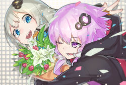 2girls black_hoodie blue_eyes bouquet drop_shadow flower grey_hair grid_background hair_ornament hair_tubes highres hood hood_down hoodie hug kizuna_akari long_hair looking_at_another multiple_girls one_eye_closed open_mouth petals pink_hair purple_eyes sho_bu_1116 smile voiceroid yuzuki_yukari