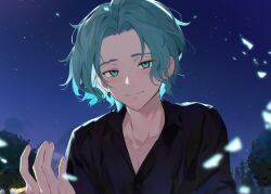 Rule 34 | 1boy, black shirt, blue sky, blurry edges, collarbone, cove holden, curtained hair, falling petals, forest, green eyes, green hair, looking at viewer, male focus, nature, night, offering hand, our life: beginnings and always, petals, ryuuieu, shirt, short hair, sky, smile, solo, star (sky), starry sky, upper body