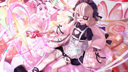 1girl :3 animal_hood ankle_lace-up ankle_ribbon apron back_bow belt black_dress black_headdress black_ribbon black_shoes blunt_bangs blush bob_cut bow box cake chain chest_harness cleavage_cutout clothing_cutout clow collared_dress colored_inner_hair corset cross-laced_clothes cross-laced_corset dress emphasis_lines energy eyepatch fangs flat_chest food foot_out_of_frame fork frilled_jacket frilled_shirt_collar frills gift gift_box grey_hair harness heart heart_cutout heart_o-ring highres holding holding_wand hood hood_down hooded_jacket jacket leg_ribbon leg_tattoo loose_belt magic maid maid_headdress makaino_ririmu makaino_ririmu_(5th_costume) medium_hair multicolored_hair multiple_belts nijisanji o-ring o-ring_belt o-ring_thigh_strap off_shoulder open_clothes open_jacket open_mouth pink_hair pink_jacket platform_shoes pocket rabbit_hood red_eyes ribbon shoes short_dress signature sitting sleeves_past_fingers sleeves_past_wrists smile solo streaked_hair stuffed_animal stuffed_rabbit stuffed_toy tattoo thigh_strap v-shaped_eyebrows virtual_youtuber waist_apron wand white_apron white_belt white_corset winged_heart winged_heart_tattoo