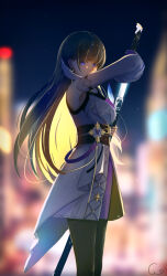 1girl absurdres black_pantyhose blurry blurry_background city city_lights detached_sleeves highres hime_cut holding holding_sheath holding_sword holding_weapon honkai_(series) honkai_impact_3rd jacket katana long_hair looking_at_viewer night night_sky outdoors pantyhose purple_eyes purple_hair qwerggthankyou raiden_mei raiden_mei_(apho) sheath single_sleeve sky sword weapon white_jacket white_sleeves