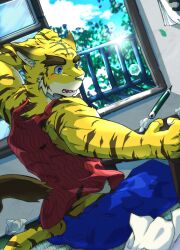 1boy absurdres animal_ears bara biceps blue_eyes blue_shorts blush commentary_request crumpled_paper diffraction_spikes fangs furry furry_male hi_na_ga highres looking_to_the_side male_focus morenatsu muscular muscular_male on_floor open_mouth opening_window pencil red_tank_top shorts sitting sun_glare tail tank_top tatami tiger_boy tiger_ears tiger_stripes tiger_tail torahiko_oshima yellow_fur