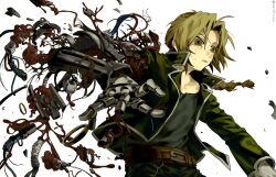 Rule 34 | 1boy, battle damage, belt, black jacket, black pants, black shirt, blonde hair, braid, brown belt, brown eyes, cable, cyborg, damaged, edward elric, empty eyes, facing to the side, fullmetal alchemist, highres, injury, jacket, looking to the side, male focus, mechabare, mechanical arms, mechanical hands, o21371xc, open clothes, open jacket, outstretched arms, pants, parted bangs, popped collar, shirt, single braid, single mechanical arm, single mechanical hand, torn clothes, torn jacket, white jacket, wire