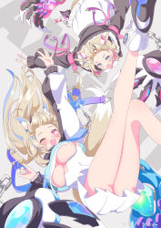 2girls absurdres alternate_costume animal_ear_fluff animal_ears arm_up artist_name ass bangs_pinned_back blonde_hair blue_eyes blue_streaks blush breasts claws colored_inner_animal_ears commentary_request dog_ears dog_girl dog_tail fang floating fuwawa_abyssgard hair_ornament hairband highres hinata_hirune hololive hololive_english kneepits large_breasts legs legs_up long_hair long_sleeves looking_at_viewer mococo_abyssgard multicolored_hair multiple_girls one_eye_closed open_mouth pink_eyes pink_hairband pink_streaks puffy_long_sleeves puffy_sleeves short_hair siblings sisters skin_fang skirt smile streaked_hair tail thighs twins underboob virtual_youtuber white_skirt x_hair_ornament
