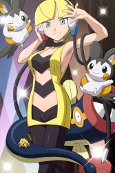 10s 1girl arm_up armpits black_pantyhose blonde_hair blue_eyes breasts clothing_cutout eelektrik elesa_(pokemon) emolga gen_5_pokemon gym_leader headphones joltik medium_breasts navel_cutout nintendo pantyhose pokemoa pokemon pokemon_(creature) pokemon_bw short_hair sleeveless smile underboob underboob_cutout