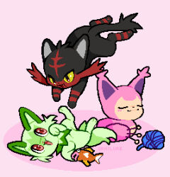 3others animal animal_focus cat creatures_(company) game_freak gen_1_pokemon gen_3_pokemon gen_7_pokemon graylure happy highres jumping litten lying magikarp multiple_others nintendo no_humans on_back open_mouth pink_background pixel_art playing pokemon pokemon_(creature) red_eyes sitting skitty sprigatito yarn yarn_ball yellow_eyes