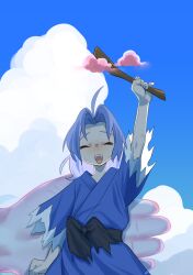 1boy 1girl absurdres ahoge arm_up black_bow blue_hair blue_kimono blue_sky bow closed_eyes cloud cowboy_shot highres holding holding_stick japanese_clothes kepona kimono kumoi_ichirin obi open_mouth parted_bangs sash sky smile stick torn_clothes touhou unzan