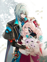 1boy 1girl anaxa_(honkai:_star_rail) aqua_eyes aqua_hair beret black_jacket dress eyepatch gradient_hair grin hat highres holding holding_stuffed_toy honkai:_star_rail honkai_(series) hyacine_(honkai:_star_rail) jacket looking_at_another medium_hair multicolored_hair one_eye_covered open_mouth pink_hair red_dress red_hat red_tattoo smile stuffed_toy teeth twintails two-tone_hair upper_body veryslow_zzzpin