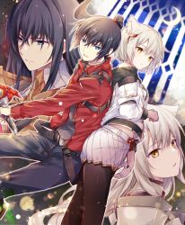 Rule 34 | 2boys, 2girls, animal ear fluff, animal ears, back-to-back, black hair, black pants, black pantyhose, blue eyes, cat ears, cat girl, closed mouth, commentary request, dual persona, fingerless gloves, gloves, high ponytail, highres, holding, holding sword, holding weapon, jacket, long hair, m (xenoblade), midriff peek, mio (xenoblade), multiple boys, multiple girls, n (xenoblade), noah (xenoblade), pants, pantyhose, parted lips, ponytail, red jacket, short hair, skirt, spoilers, sword, ui frara, weapon, white gloves, white jacket, white skirt, xenoblade chronicles (series), xenoblade chronicles 3, yellow eyes