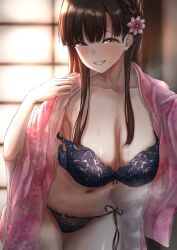 1girl absurdres alternate_breast_size alternate_costume black_hair blue_eyes blush breasts flower hair_flower hair_ornament highres idolmaster idolmaster_cinderella_girls indoors japanese_clothes kimono kobayakawa_sae large_breasts lingerie long_hair navel panties pink_kimono sagging_breasts steaming_body string_panties torishu_(kumataka_4867) underwear undressing yukata