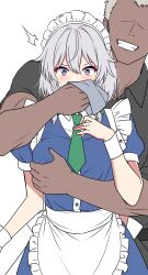 1boy 1girl absurdres apron black_shirt blue_dress blush braid chloroform collared_shirt commentary commission dark-skinned_male dark_skin dress grabbing_another&#039;s_breast green_necktie grey_hair grin groping highres izayoi_sakuya long_hair maid maid_headdress muscular muscular_male necktie no_eyes puffy_short_sleeves puffy_sleeves purple_eyes rise_(rise19851203) shirt short_hair short_sleeves skeb_commission smile touhou waist_apron white_apron