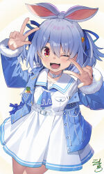 1girl animal_ears arm_up blue_jacket blue_neckerchief blue_ribbon carrot_hair_ornament carrot_in_pocket choker commentary_request cowboy_shot denim denim_jacket dress earrings food-themed_hair_ornament fur-trimmed_jacket fur_trim hair_ornament hair_ribbon hand_up highres hololive jacket jewelry looking_at_viewer lower_teeth_only medium_hair neckerchief official_alternate_costume official_alternate_hairstyle one_eye_closed open_mouth rabbit-shaped_pupils rabbit_earrings rabbit_ears rabbit_girl red_eyes ribbon sailor_dress short_dress short_eyebrows signature smile solo standing symbol-shaped_pupils teeth thick_eyebrows tokumaro two_side_up usada_pekora usada_pekora_(casual) virtual_youtuber w white_choker white_dress