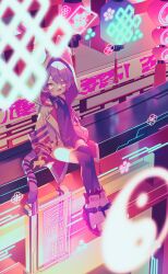 1boy :3 absurdres black_dress black_thighhighs blush bright_pupils cat_tail coat commentary crossdressing dress eyes_visible_through_hair fang full_body hair_between_eyes highres hood hood_up hooded_coat male_focus neon_lights open_clothes open_coat open_mouth original ozureiji purple_hair shoes short_hair sitting skin_fang smile solo symbol-only_commentary tail thighhighs trap tsurime white_coat white_pupils white_shoes yellow_eyes yin_yang