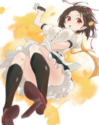 1girl absurdres black_skirt black_socks breasts brown_hair commentary falling_petals frilled_skirt frills geta ginkgo_leaf hat highres kneehighs leaf looking_at_viewer nise6 no_wings open_mouth panties pantyshot petals pointy_ears pom_pom_(clothes) puffy_short_sleeves puffy_sleeves red_eyes red_hat red_shoes scarf shameimaru_aya shirt shoes short_sleeves skirt socks solo tengu-geta tokin_hat touhou underwear upskirt white_panties white_shirt yellow_scarf