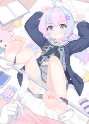 1girl 2others arms_up barefoot black_neckerchief blue_archive blue_coat blue_hair chinese_commentary coat commentary_request cropped_shirt disembodied_hand eugenecolin feathers full_body grey_shirt grey_skirt grin hair_ornament halo highres holding holding_feather indoors large_variant_set legs_up loli long_sleeves lying midriff_peek miniskirt multiple_others neckerchief on_back open_clothes open_coat panties parted_lips pink_hair pink_halo pleated_skirt purple_eyes reisa_(blue_archive) restrained sailor_collar shirt skirt smile socks soles spreader_bar star_(symbol) star_hair_ornament star_halo striped_clothes striped_socks stuffed_animal stuffed_toy teddy_bear teeth toes twintails underwear unworn_socks variant_set white_panties white_sailor_collar