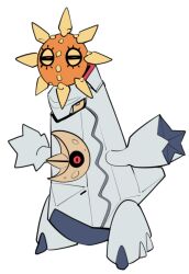 duraludon full_body gen_3_pokemon gen_8_pokemon lunatone nintendo no_humans no_mouth outstretched_arms pokemon pokemon_(creature) red_eyes sido_(slipknot) simple_background solrock spread_arms tower_of_the_sun white_background yellow_eyes