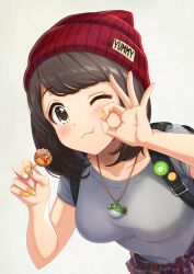 1girl azuki_yui backpack bag beanie black_bag blush breasts brown_eyes brown_hair collarbone fish food fruit grey_background grey_shirt hat holding holding_food jacket jewelry kiwi_(fruit) medium_breasts multicolored_nails necklace ok_sign one_eye_closed orange-shaped_ornament original plaid_clothes plaid_jacket red_hat shirt solo takoyaki tied_jacket yellow_nails