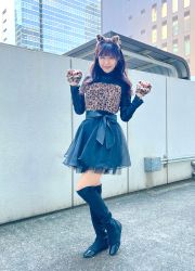 Rule 34 | 1girl, animal print, black footwear, black skirt, building, highres, inoue kikuko, leopard print, photo (medium), skirt