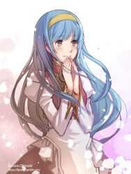 Rule 34 | 1girl, artist name, bell o2, blue hair, blush, brown eyes, closed mouth, commentary request, dress, estpolis denki, estpolis denki ii, hairband, long hair, long sleeves, own hands together, puffy sleeves, smile, solo, tia (estpolis), very long hair