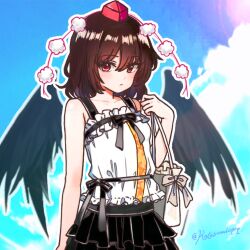 1girl adapted_costume bag bird_wings black_hair black_skirt black_wings blue_sky closed_mouth cloud commentary_request hat katasumi looking_at_viewer outdoors outline red_eyes red_hat shameimaru_aya shirt short_hair skirt sky sleeveless sleeveless_shirt solo tokin_hat touhou white_outline wings