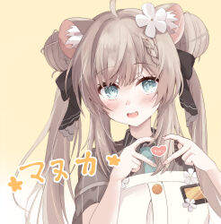 1girl :d absurdres ahoge animal_ear_fluff animal_ears aqua_eyes black_bow black_ribbon black_shirt blue_eyes blush bow braid braided_bangs braided_bun brown_hair brown_shirt collared_shirt double_bun dress flower gradient_background green_necktie hair_bow hair_bun hair_flower hair_ornament hair_ribbon hands_up heart heart_hands highres lion_ears long_hair looking_at_viewer manuka_(vrchat) necktie open_mouth purunyara ribbon shirt short_sleeves sidelocks simple_background smile solo striped_clothes striped_shirt teeth twintails two-tone_background upper_body upper_teeth_only vertical-striped_clothes vertical-striped_shirt vrchat white_background white_dress white_flower yellow_background