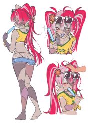 1girl 1other ^_^ absurdres ahoge arm_behind_head arm_up ass bangle bare_arms bare_legs bare_shoulders barefoot belly_chain bikini blue_tongue blush bracelet brazilian_flag brazilian_flag_print brazilian_miku brazilian_miku_(cosplay) closed_eyes collarbone colored_skin colored_tongue commentary cosplay cropped_shirt cutoffs disembodied_hand earrings english_commentary eyewear_on_head fangs flag_print flower food grey_skin hair_flower hair_ornament hand_in_own_hair hand_on_another&#039;s_head hatsune_miku headpat heart heterochromia highleg highleg_bikini highres hololive hololive_indonesia hoop_earrings jewelry kghazir kureiji_ollie long_hair micro_shorts mole mole_on_ass multicolored_hair multiple_views nail_polish patchwork_skin pink_hair popsicle red_eyes red_hair shirt shorts simple_background single_off_shoulder stitches streaked_hair sunglasses swimsuit symbol-shaped_pupils t-shirt tied_shirt tongue tongue_out twintails very_long_hair virtual_youtuber vocaloid white-framed_eyewear white_background white_hair x-shaped_pupils yellow_eyes yellow_nails yellow_shirt
