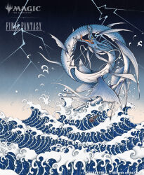 boat copyright_name copyright_notice fangs final_fantasy final_fantasy_xv fins full_body gradient_background leviathan_(final_fantasy) lightning magic:_the_gathering nakatsubo_kota official_art scales sea_serpent spines tidal_wave tongue watercraft waves yellow_eyes