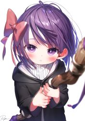 1girl :o aged_down black_robe blunt_ends blurry blurry_foreground blush bow bright_pupils child depth_of_field ear_blush expressionless fern_(sousou_no_frieren) fingernails floating_hair hair_bow hands_up hashtag-only_commentary highres holding holding_staff holding_weapon hooded_robe large_bow long_sleeves looking_at_viewer mage_staff parted_lips purple_eyes purple_hair red_bow robe ryota_(ry_o_ta) shiny_skin short_hair signature simple_background solo sousou_no_frieren staff two-handed weapon white_background wooden_staff