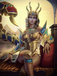 Rule 34 | 1girl, artist request, black hair, breasts, crown, makeup, official alternate costume, official art, serqet (smite), sitting, smite, yellow eyes