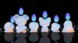 black_background blue_fire candle closed_mouth fire gen_5_pokemon highres lil litwick looking_at_another looking_at_viewer nintendo no_humans pokemon pokemon_(creature) reflection sitting smile yellow_eyes