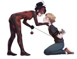 Rule 34 | 1boy, 1girl, absurdres, adrien agreste, bdsm, black hair, blonde hair, bodysuit, bondage, bound, double bun, evil smile, green eyes, hair bun, hand on another&#039;s chin, highres, keiori (keiorix), marinette dupain-cheng, mask, miraculous ladybug, red eyes, red hair, shadybug, smile