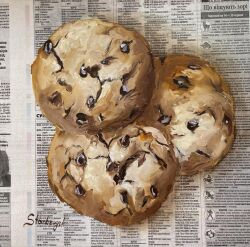 absurdres chocolate_chip_cookie cookie food food_focus highres julia_stankevych newspaper no_humans oil_painting_(medium) original painting_(medium) realistic signature still_life traditional_media wall_of_text