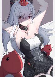 1girl absurdres armpits arms_up bare_shoulders berenica_(duet_night_abyss) black_dress black_horns black_thighhighs border breasts cleavage closed_mouth collarbone commentary creature creature_on_head dress duet_night_abyss english_commentary hair_between_eyes highres hokuroten horns long_hair looking_at_viewer medium_breasts red_eyes short_dress solo thighhighs thighs very_long_hair white_background white_border white_hair