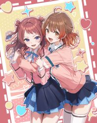 2girls absurdres ahoge blazer blue_overskirt blue_ribbon blue_skirt blush brown_hair cardigan circle commentary cropped_jacket food fruit gakuen_idolmaster gradient_hair hanami_saki hanami_ume hatsuboshi_gakuen_school_uniform heart hidis0086 highres hug hug_from_behind idolmaster jacket long_hair long_sleeves looking_at_viewer medium_hair melon multicolored_hair multiple_girls neck_ribbon orange_hair outline pink_cardigan pink_jacket pleated_skirt ribbon school_uniform shirt siblings sisters skirt smile star_(symbol) thighhighs thighs white_outline white_shirt white_thighhighs
