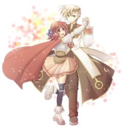 Rule 34 | 1boy, 1girl, :d, armor, armored boots, black thighhighs, blonde hair, boots, bow, brown pants, brown shoes, cape, circlet, closed mouth, coat, commentary request, cross, cross necklace, cross of prontera, earrings, floral background, gauntlets, gold trim, green eyes, hair bow, hetero, high priest (ragnarok online), holding hands, interlocked fingers, jewelry, long sleeves, looking at viewer, lord knight (ragnarok online), miniskirt, multicolored coat, necklace, open mouth, pants, pauldrons, pink eyes, pink skirt, purple bow, ragnarok online, red cape, red coat, red hair, sharari, shoes, short hair, shoulder armor, skirt, smile, standing, standing on one leg, thighhighs, two-tone coat, white background, white coat