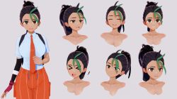 1girl 3d alternate_hairstyle artist_request black_hair black_pantyhose blush brown_eyes character_request closed_mouth eyelashes fingerless_gloves gloves green_hair highres looking_at_viewer multicolored_hair multiple_views necktie nemona_(pokemon) nintendo nude orange_necktie orange_shorts pantyhose pokemon pokemon_sv ponytail red_gloves shirt short_sleeves shorts simple_background single_glove smile streaked_hair wide_hips